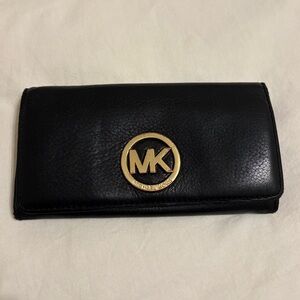 Michael Kors Black Leather Wallet with Gold Emblem